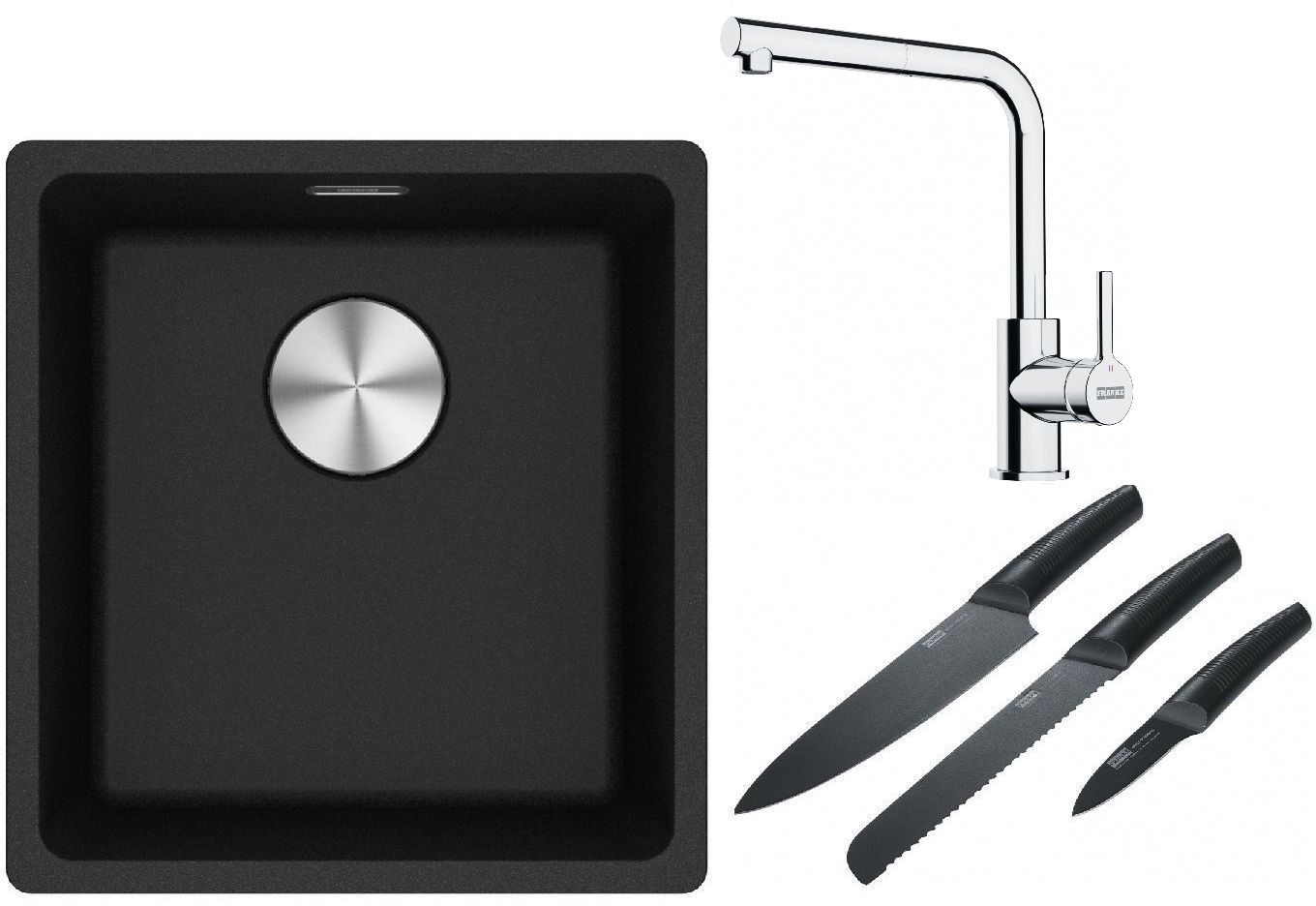 Franke Maris MRG 110-37 zlewozmywak 40x37 cm Fragranite onyx z baterią kuchenną Lina chrom i zestawem noży kuchennych (1250687249, ...