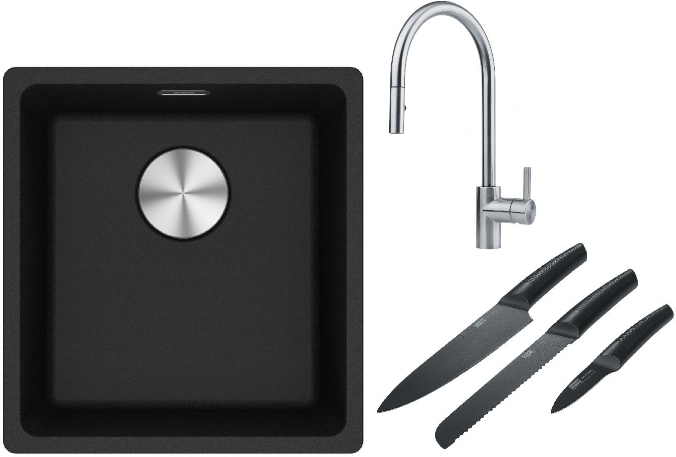 Franke Maris MRG 110-37 zlewozmywak 40x37 cm Fragranite onyx z baterią kuchenną Eos stal szlachetna i zestawem noży kuchennych ...