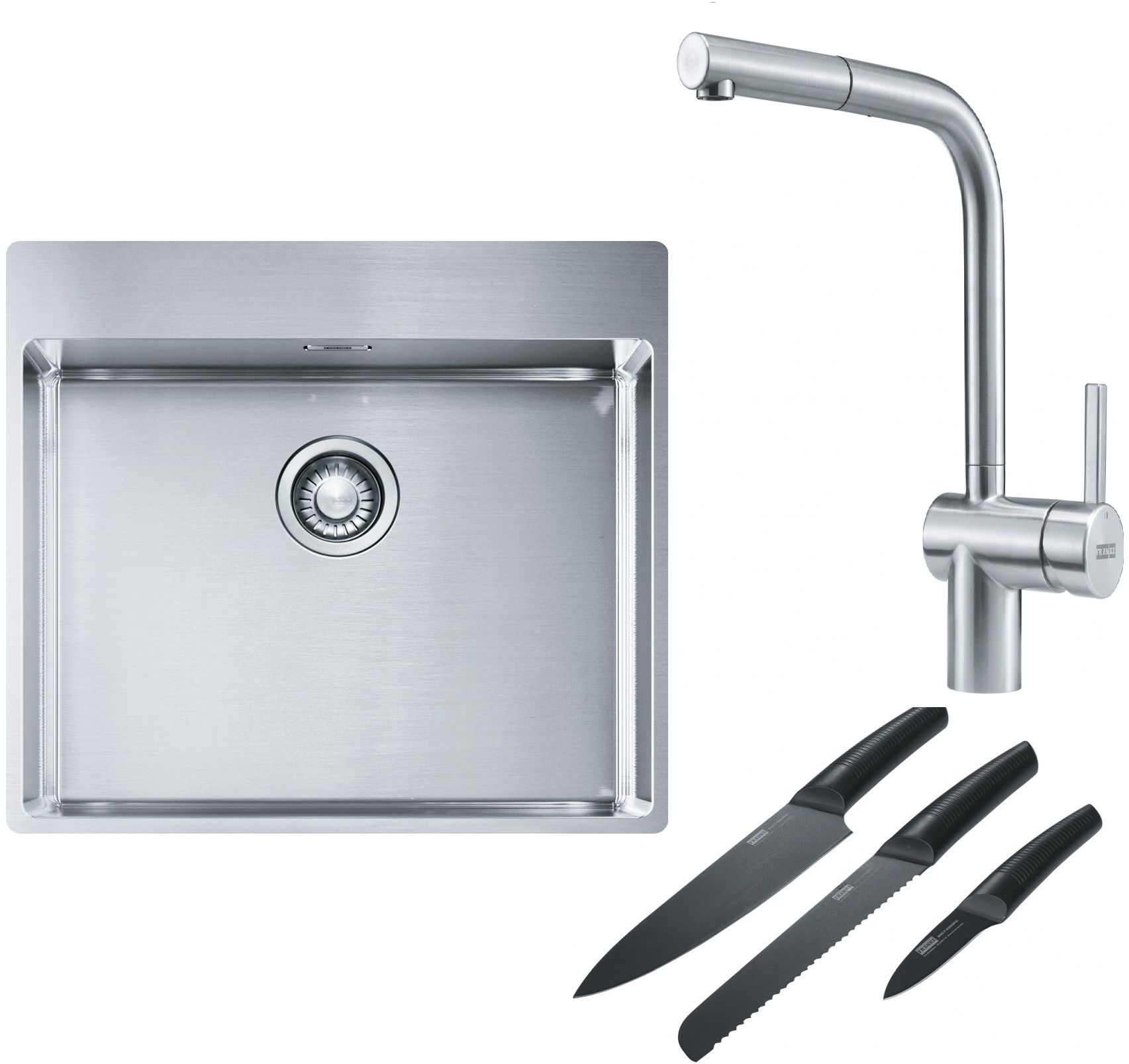 Franke Box BXX 210-54 TL zlewozmywak 57x51 cm stalowy z baterią kuchenną Atlas stal szlachetna i zestawem noży kuchennych (1270369295, ... - Wysyłka w