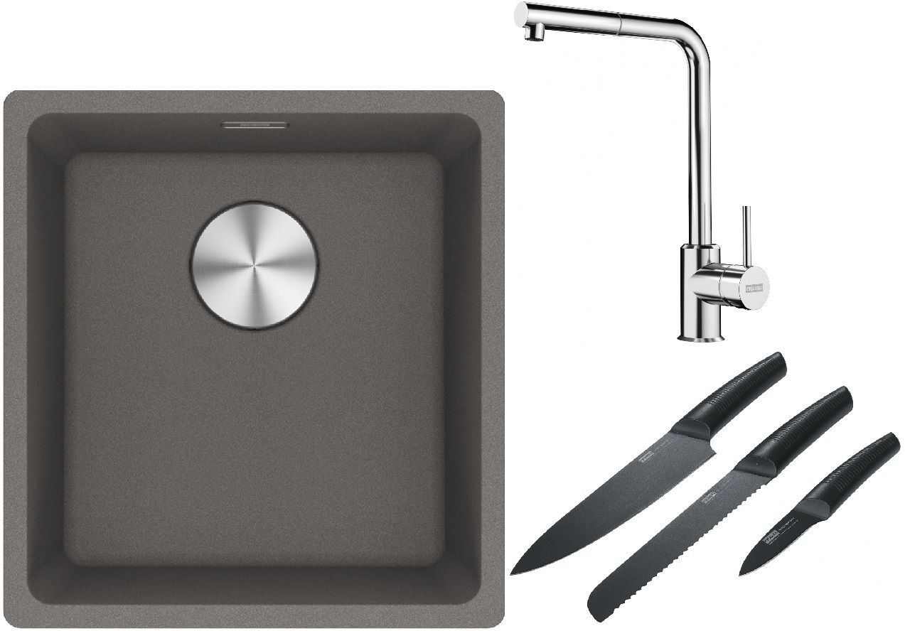 Franke Maris MRG 110-37 zlewozmywak 40x37 cm Fragranite kamienny szary z baterią kuchenną Sirius Side chrom i zestawem noży kuchennych ...
