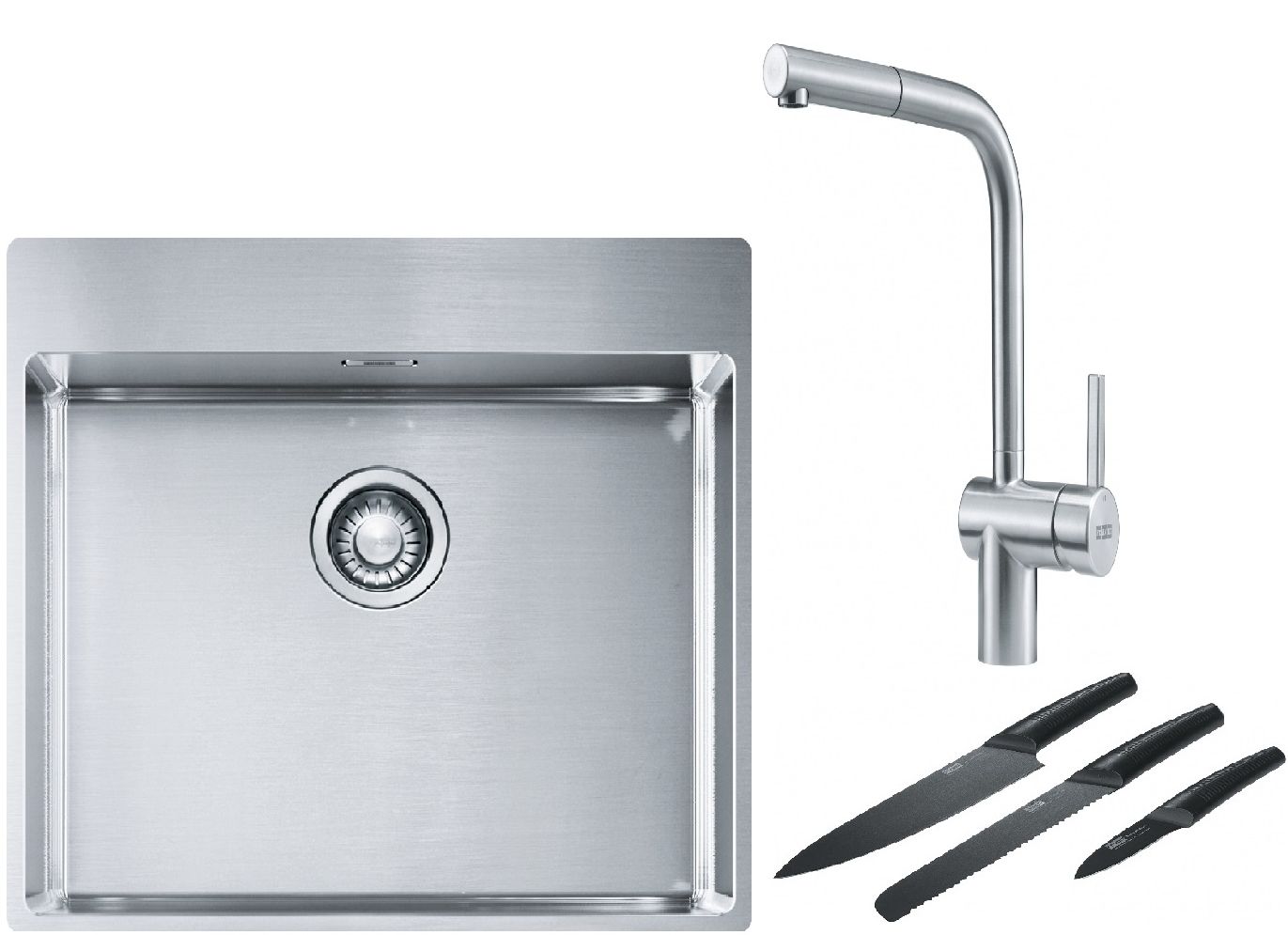 Franke Box BXX 210-54 TL zlewozmywak 57x51 cm stalowy z baterią kuchenną Atlas stal szlachetna i zestawem noży kuchennych (1270369295, ... - Wysyłka w