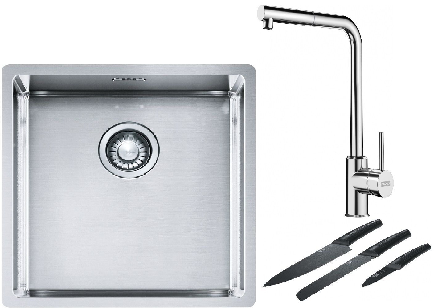 Franke Box BXX 210/110-40 zlewozmywak 45x44 cm stalowy z baterią kuchenną Sirius Side chrom i zestawem noży kuchennych (1270453654, ...