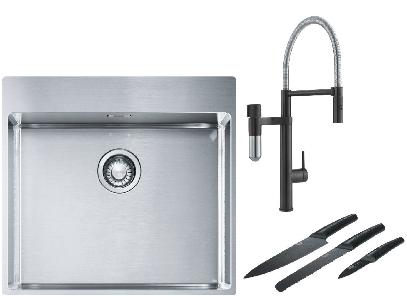 Franke Box BXX 210-54 TL zlewozmywak 57x51 cm stalowy z baterią kuchenną Vital Semi-Pro czarny mat/stal i zestawem noży kuchennych ... - Wysyłka w 24h
