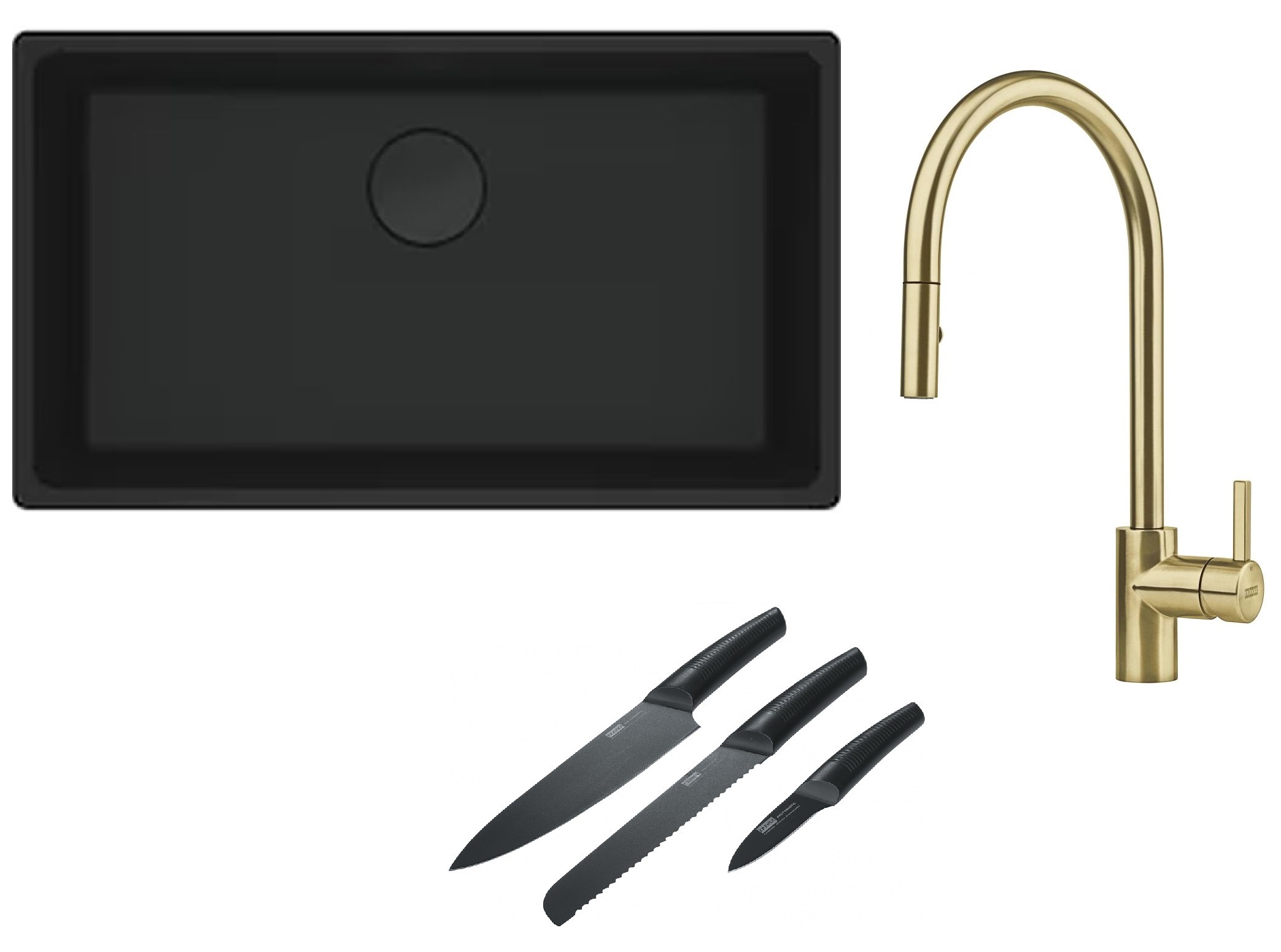 Franke Maris MRG 110-72 zlewozmywak 72x40 cm Fragranite czarny mat z baterią kuchenną Eos Neo M Pull-Out Spray złotą i zestawem noży ...