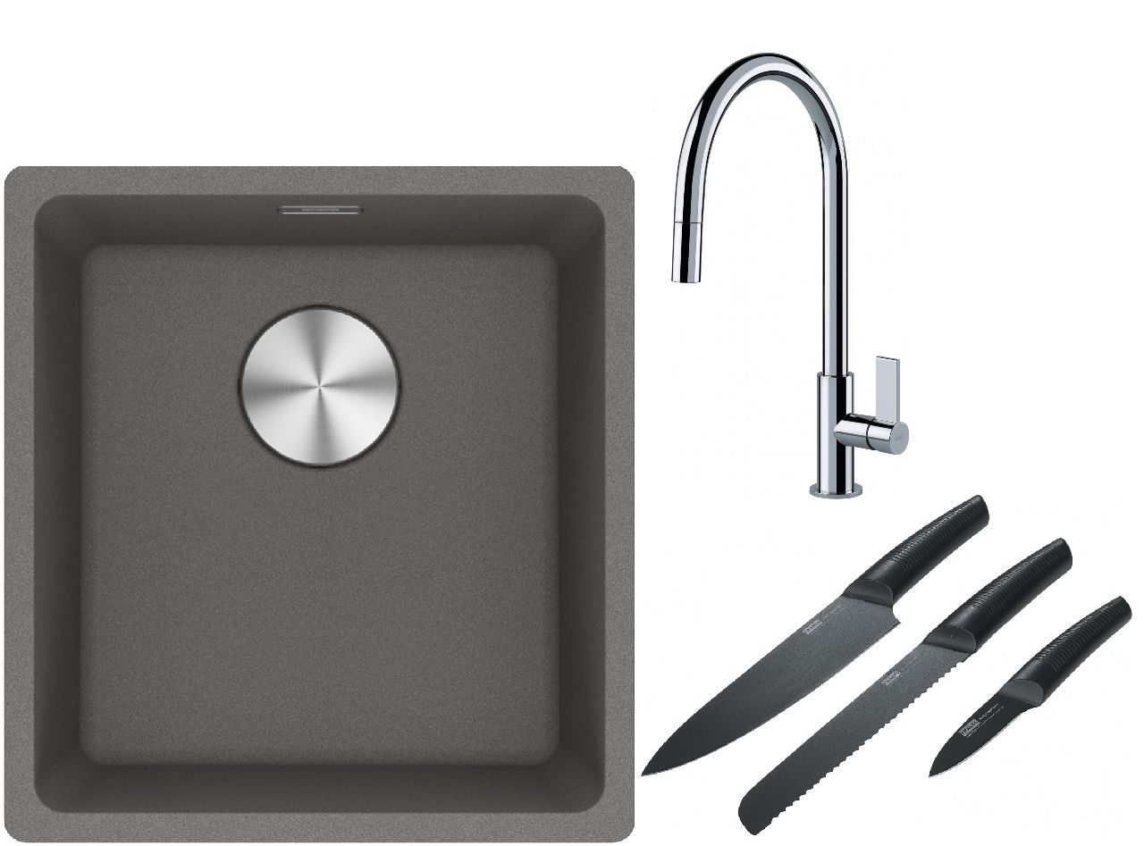 Franke Maris MRG 110-37 zlewozmywak 40x37 cm Fragranite kamienny szary z baterią kuchenną Ambient chrom i zestawem noży kuchennych ...