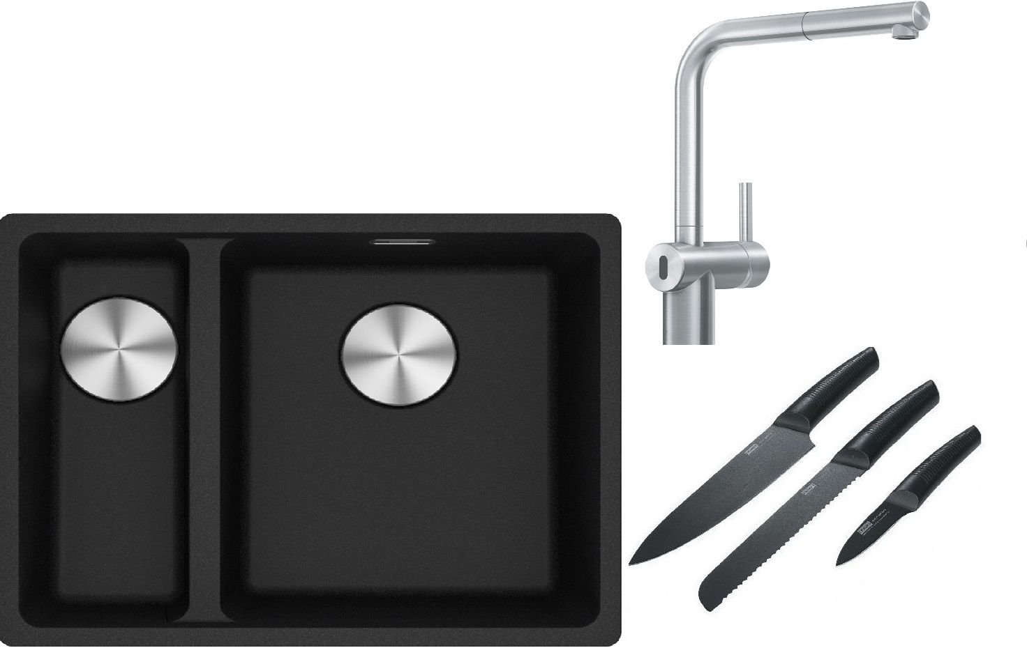 Franke Maris MRG 160-34-15 zlewozmywak 55x43 cm Fragranite onyx z baterią kuchenną Atlas Neo Sensor stal szlachetna i zestawem noży ...