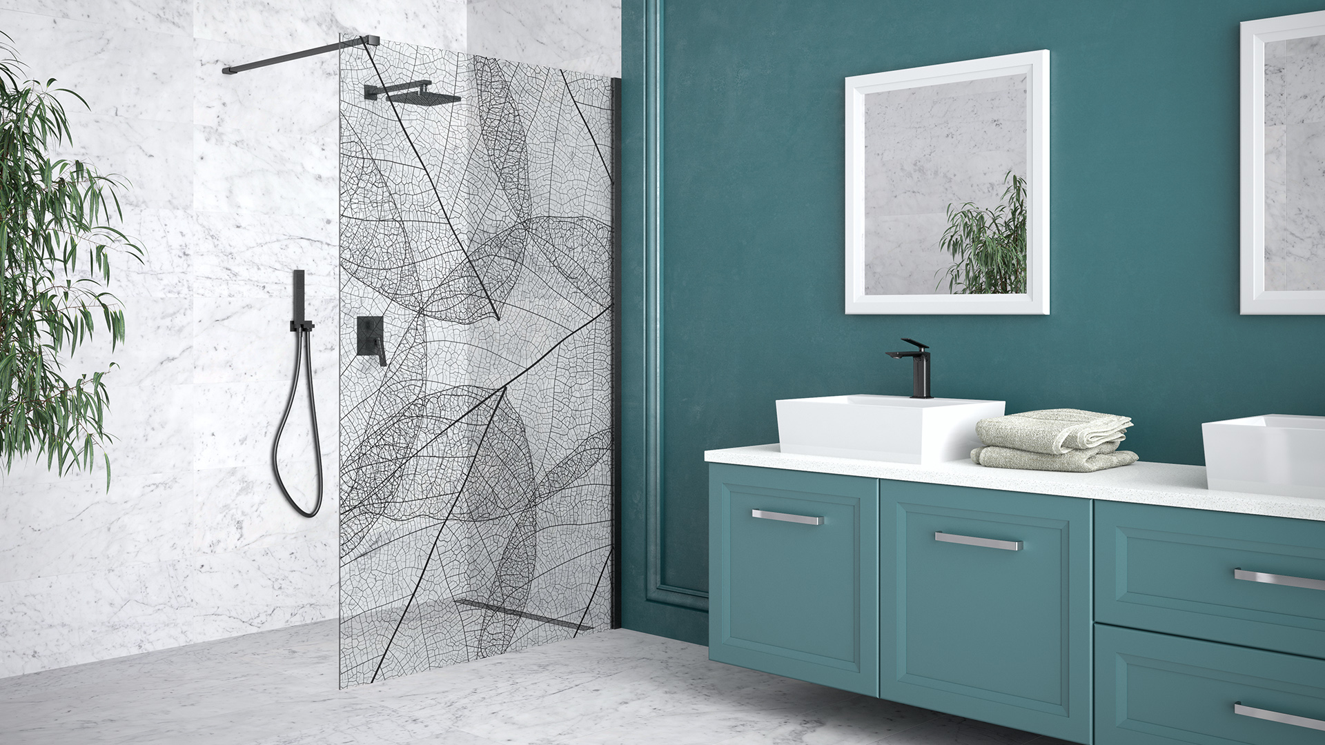 Besco Leafy Walk-In ścianka prysznicowa 120 cm czarny mat/szkło przezroczyste z motywem LF-120-200C