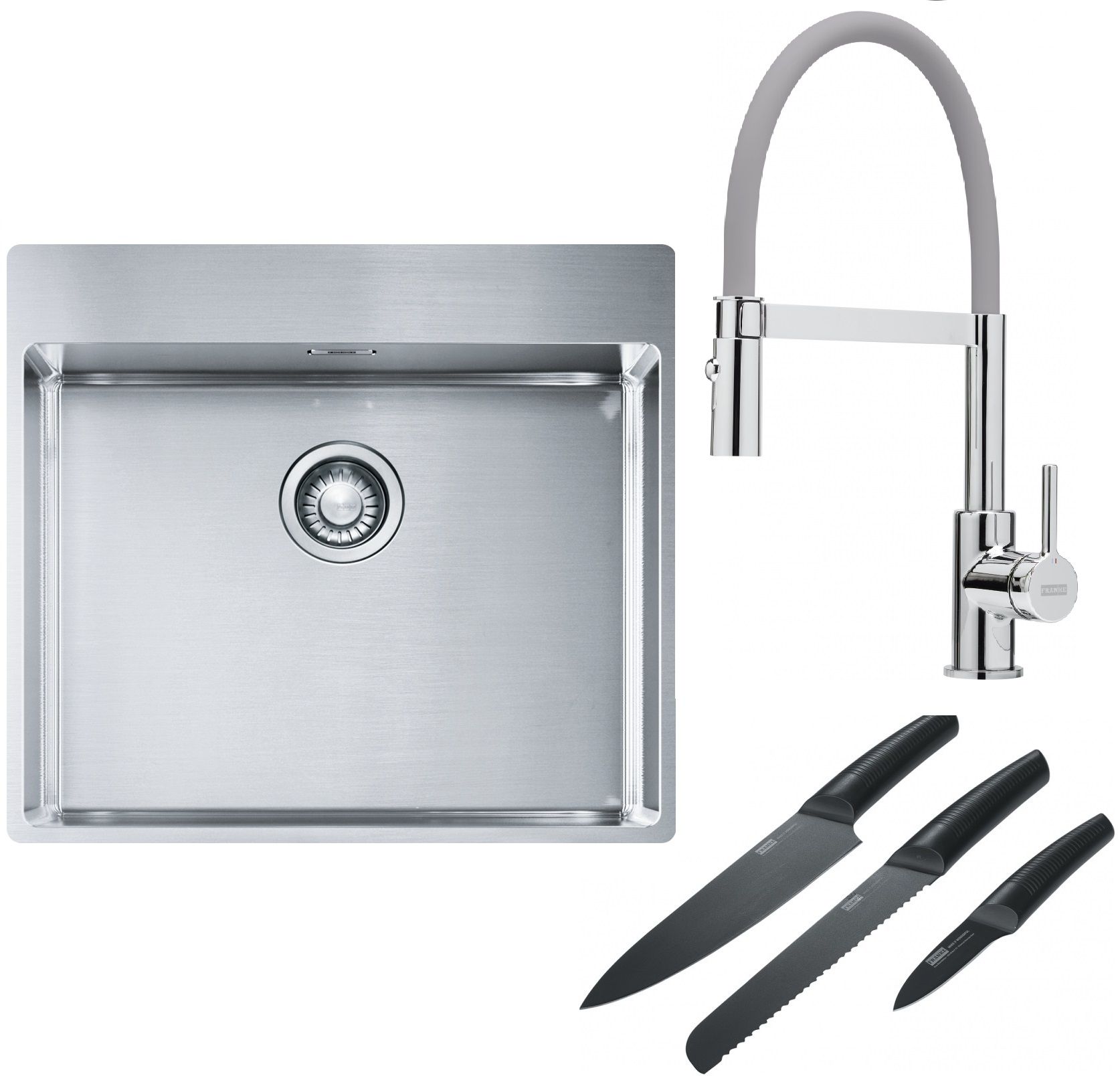 Franke Box BXX 210-54 TL zlewozmywak 57x51 cm stalowy z baterią kuchenną Lina chrom/szary i zestawem noży kuchennych (1270369295, ...