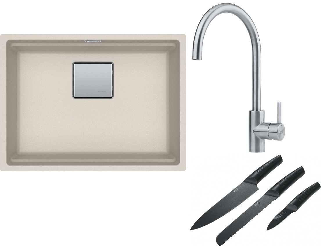 Franke Kanon KNG 110-52 zlewozmywak 52x42 cm Fragranite orzechowy z baterią kuchenną Eos Neo stal szlachetna i zestawem noży kuchennych ... - Wysyłka 