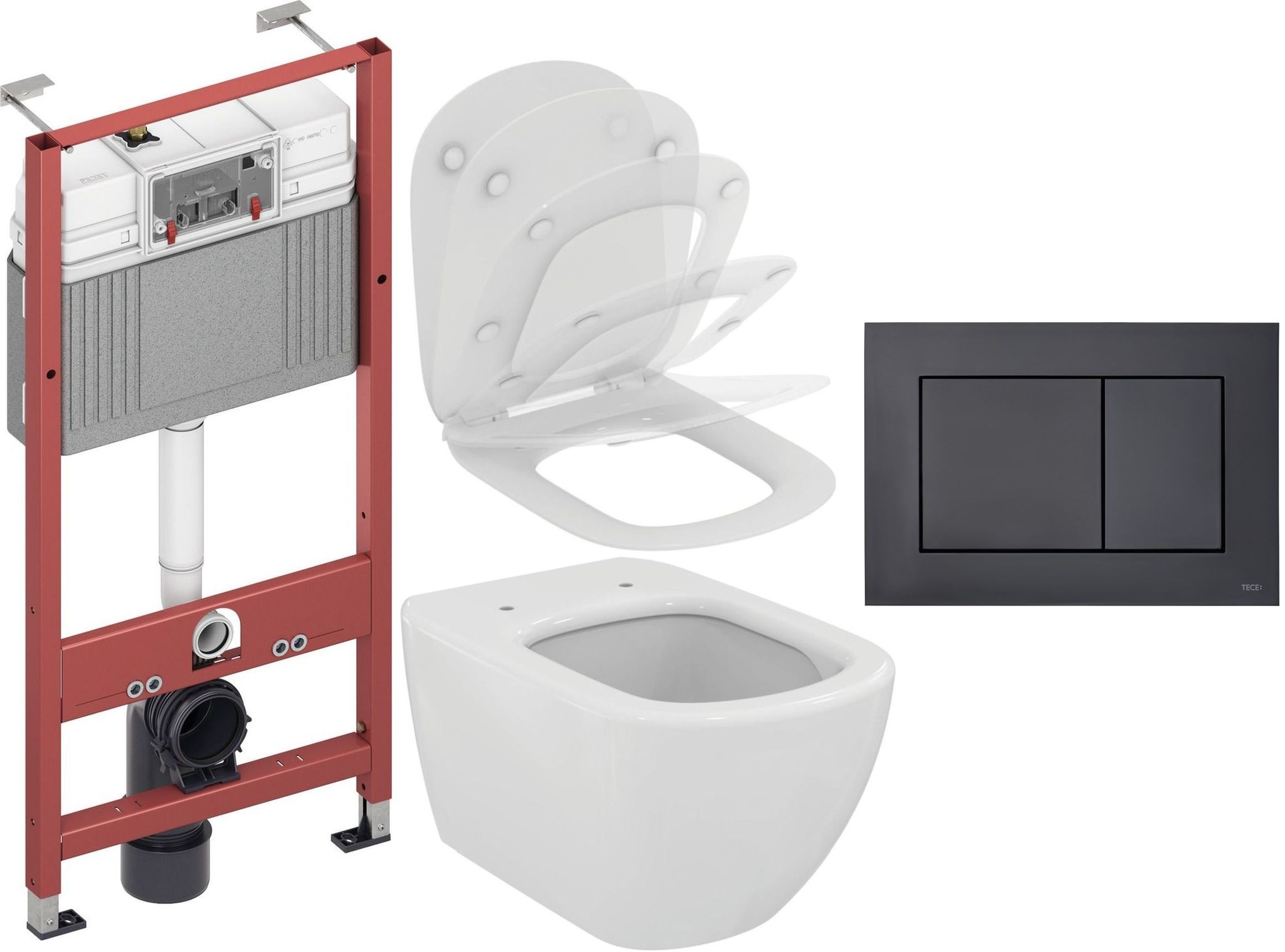 Zestaw Ideal Standard Tesi miska WC z deską wolnoopadającą i stelaż podtynkowy Tece Base z przyciskiem spłukującym Now czarny mat ...