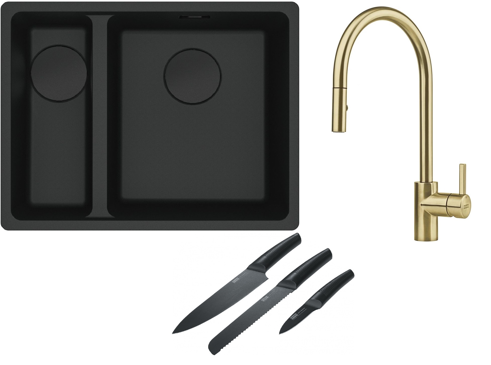 Franke Maris MRG 160-34-15SBL zlewozmywak 52x40 cm Fragranite czarny mat z baterią kuchenną Eos Neo M Pull-Out Spray złotą i zestawem ...