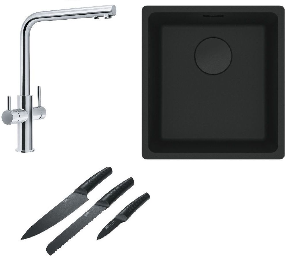 Franke Maris MRG 110-37 zlewozmywak 40x37 cm Fragranit + czarny mat z baterią kuchenną Neptune Clear Water chrom i zestawem noży ...