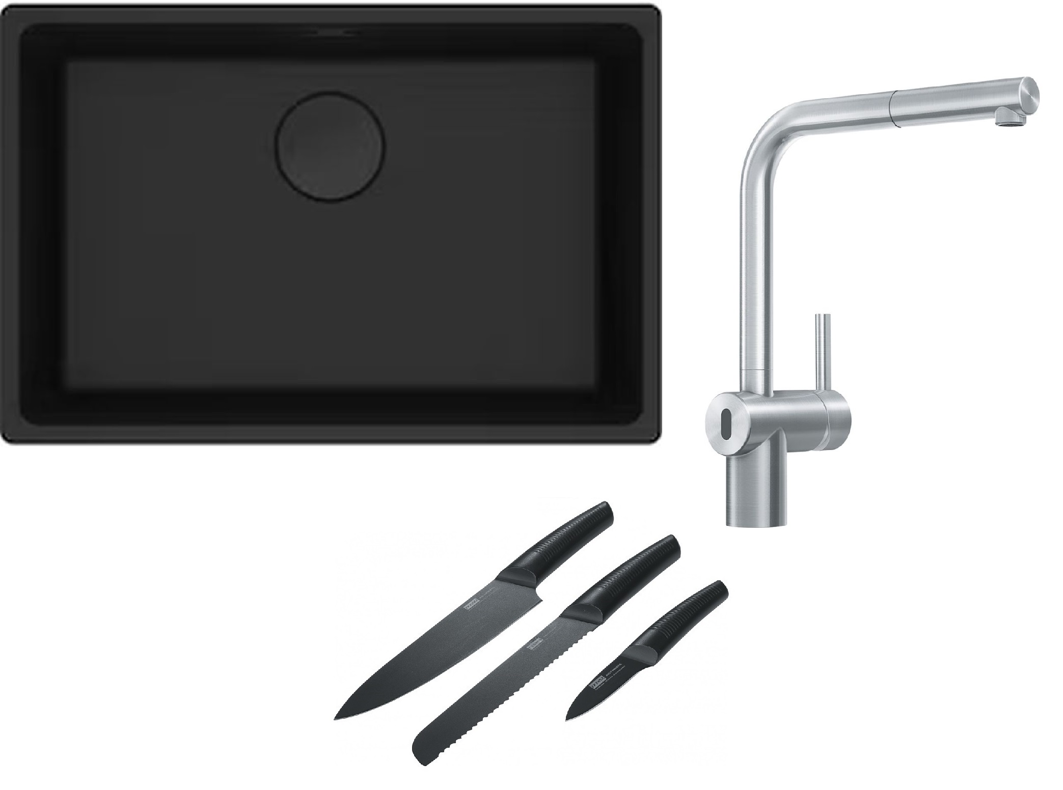 Franke Maris MRG 110-62 zlewozmywak 62x40 cm Fragranite czarny mat z baterią kuchenną Atlas Neo Sensor stal szlachetna i zestawem noży ...