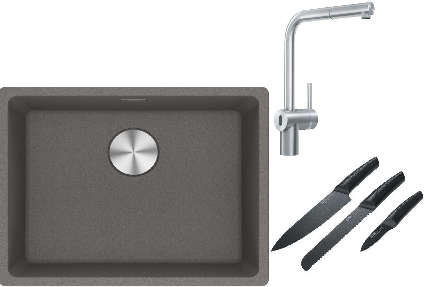 Franke Maris MRG 110-52 zlewozmywak 55x43 cm Fragranite kamienny szary z baterią kuchenną Atlas Neo Sensor stal szlachetna i zestawem ...