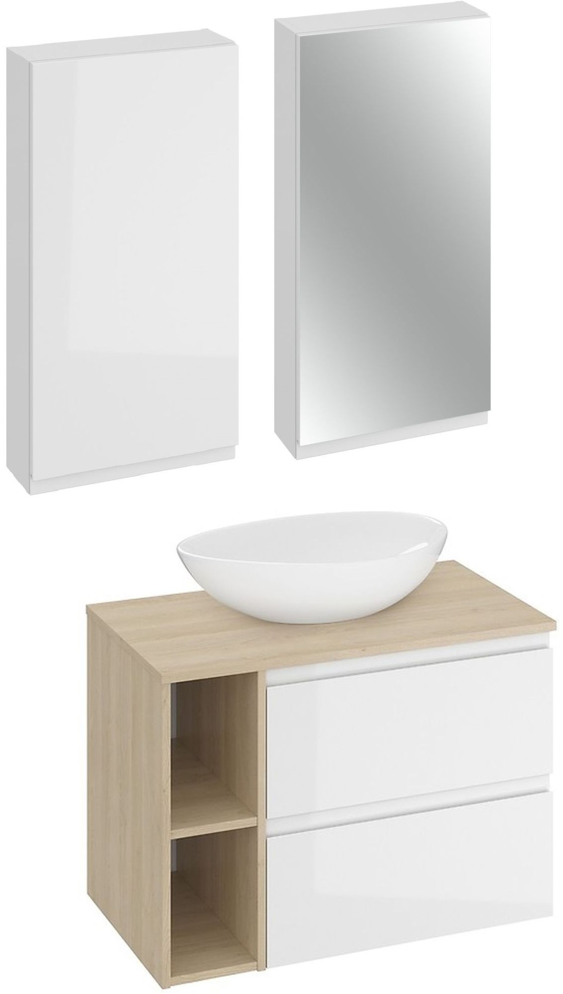 Cersanit Moduo SET B689 umywalka 56,5x36,5 cm nablatowa z szafką 80 cm biała/dąb i dwiema szafkami wiszącymi S801-447