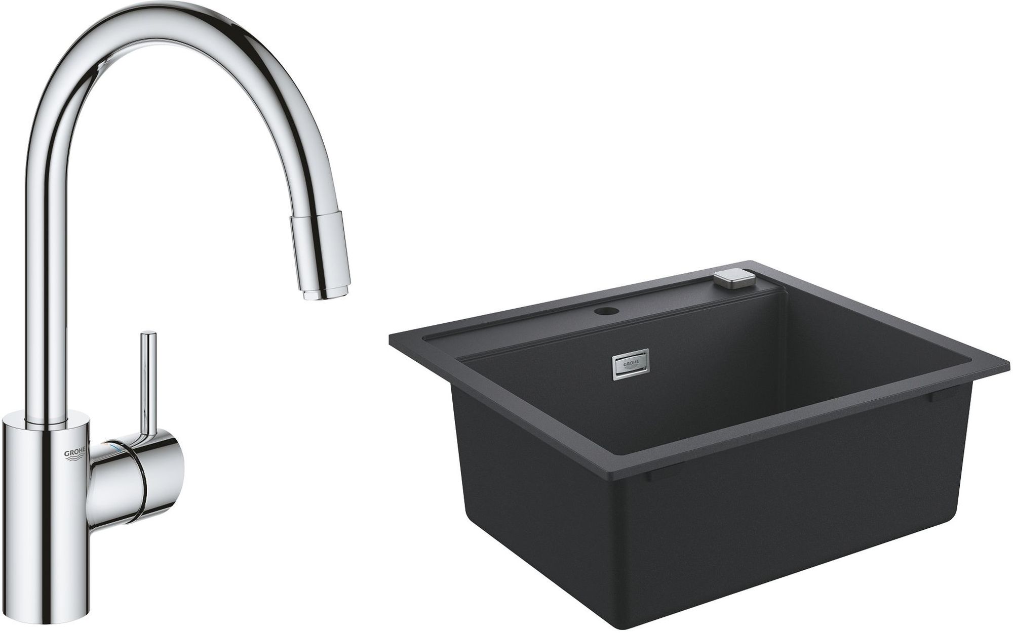 Zestaw Grohe K700 zlewozmywak 56x51 cm czarny granit z baterią kuchenną Concetto chrom (31651AP0, 32663003)