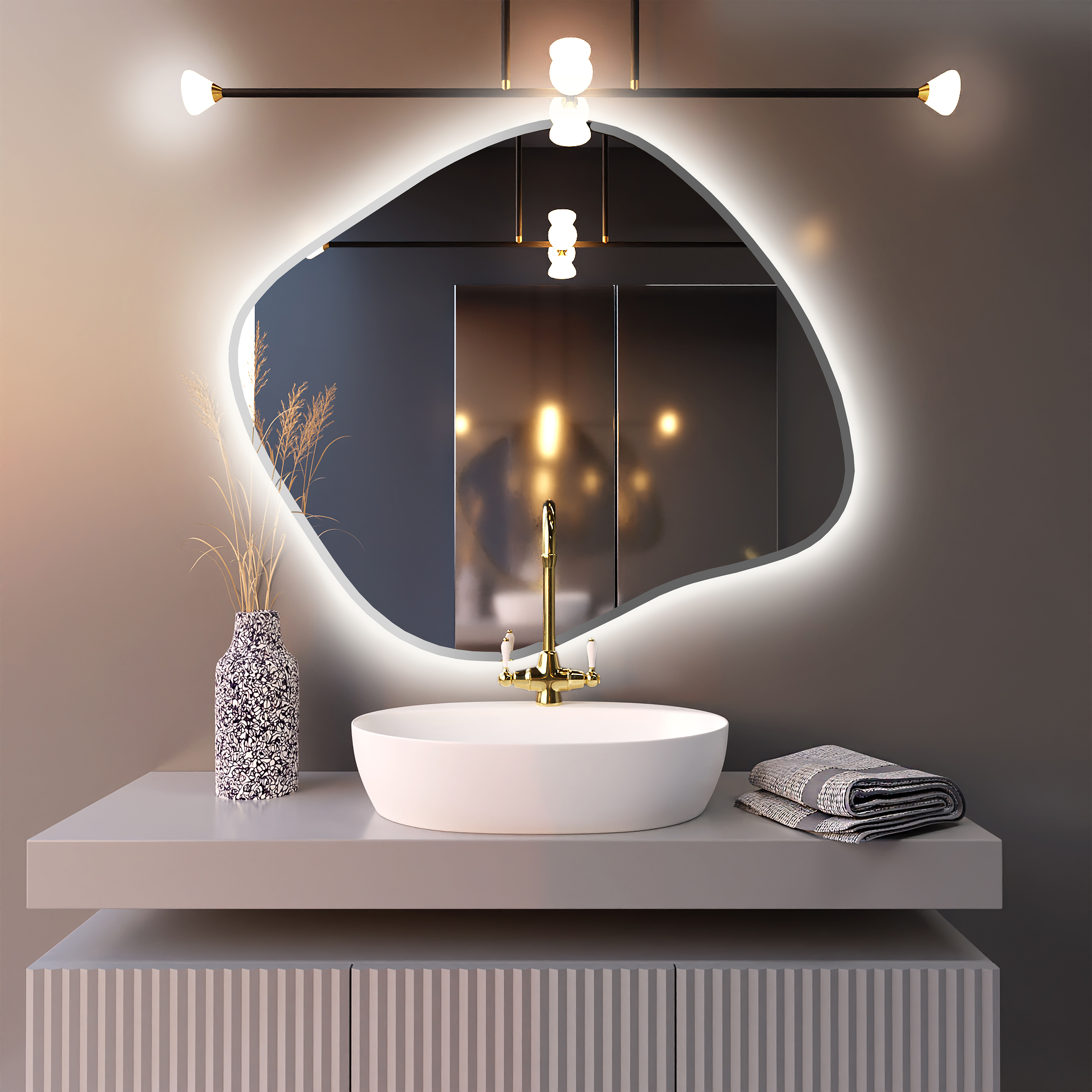 Baltica Design Bright Stain III lustro 90x77 cm srebrne barwa światła neutralna z włącznikiem bezdotykowym