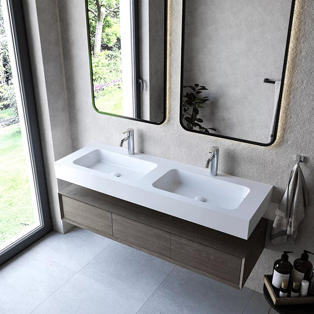 Cristalstone Linea Simpla umywalka 140x45 cm prostokątna ścienna biała U1400-2xMCOT