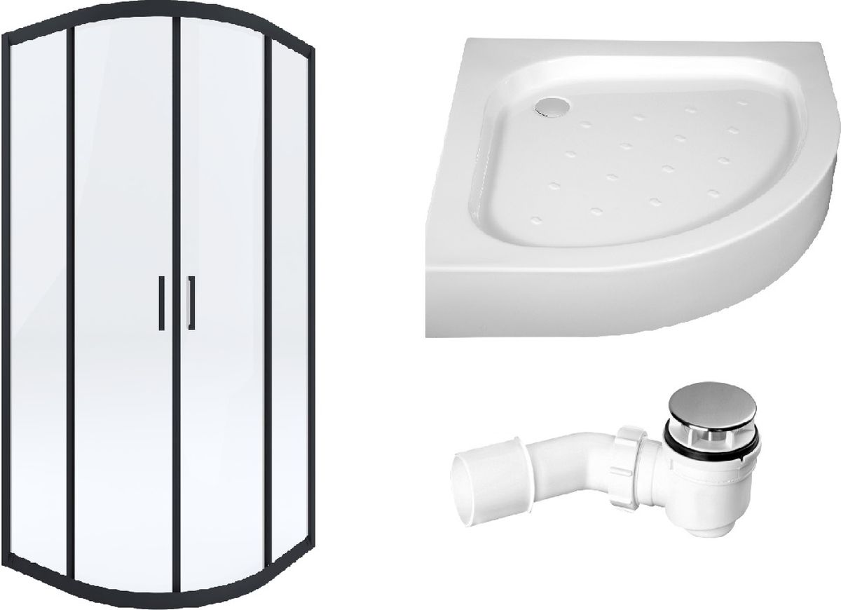Zestaw Deante Funkia kabina prysznicowa 90 cm półokrągła z brodzikiem Standard New i syfonem czarny/szkło przezroczyste (KYPN51K, ...