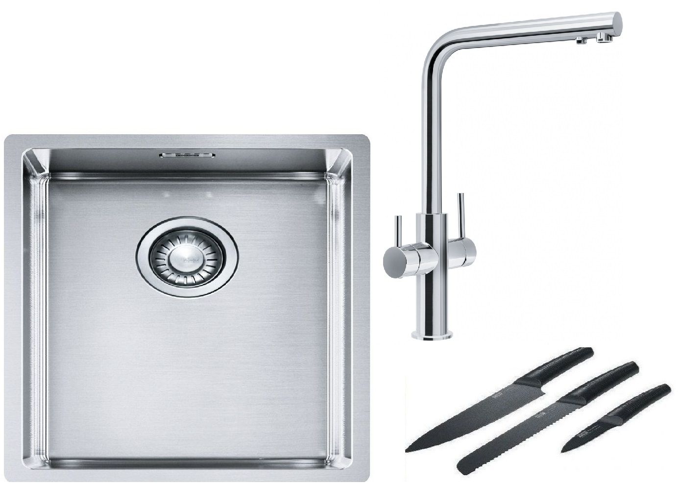 Franke Box BXX 210/110-34 zlewozmywak 38x45 cm stalowy z baterią kuchenną Neptune Clear Water chrom i zestawem noży kuchennych ...