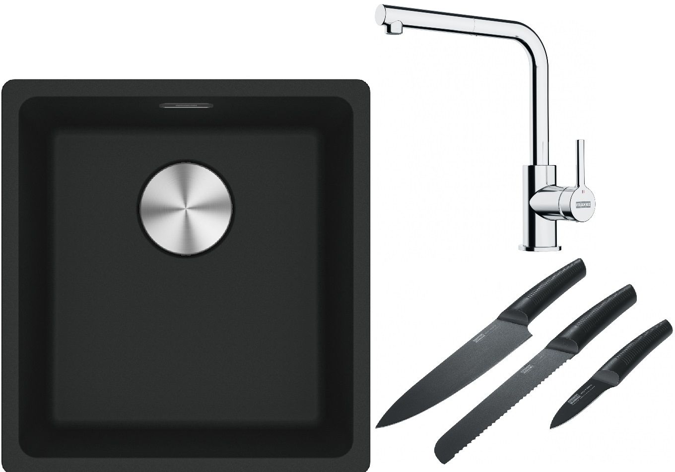 Franke Maris MRG 110-37 zlewozmywak 40x37 cm Fragranite czarny mat z baterią kuchenną Lina chrom i zestawem noży kuchennych (1250687248, ...