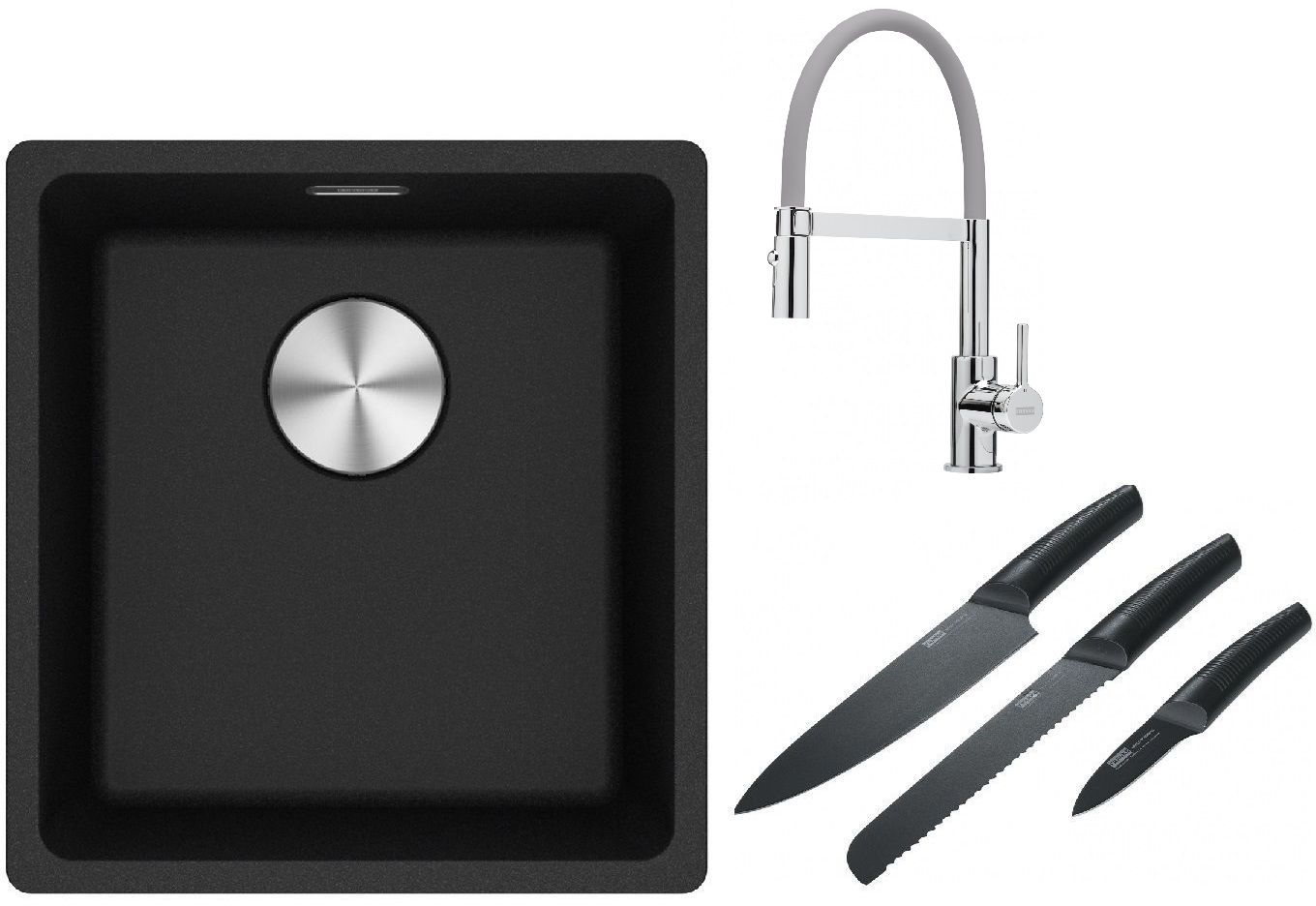 Franke Maris MRG 110-37 zlewozmywak 40x37 cm Fragranite onyx z baterią kuchenną Lina chrom/szary i zestawem noży kuchennych (1250687249, ...
