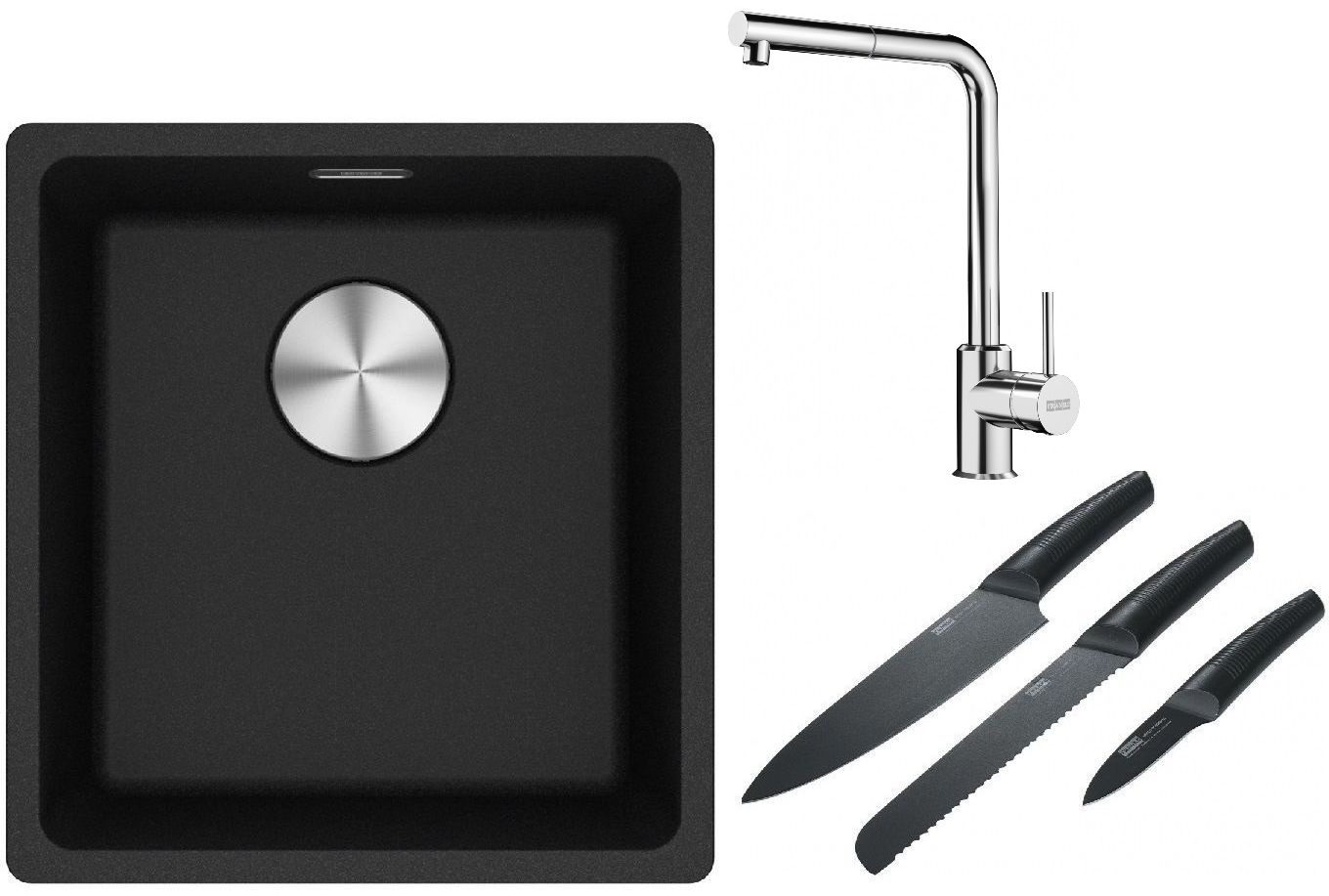 Franke Maris MRG 110-37 zlewozmywak 40x37 cm Fragranite onyx z baterią kuchenną Sirius Side chrom i zestawem noży kuchennych ...
