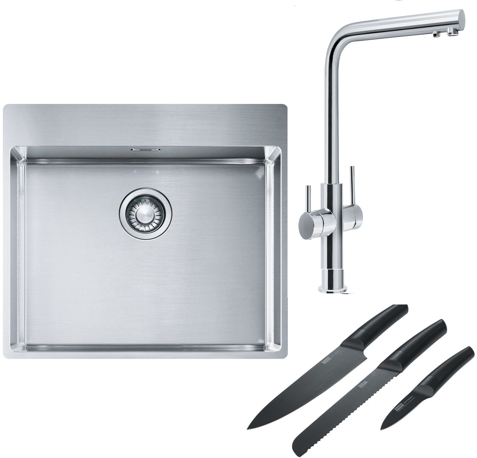 Franke Box BXX 210-54 TL zlewozmywak 57x51 cm stalowy z baterią kuchenną Neptune Clear Water chrom i zestawem noży kuchennych ...