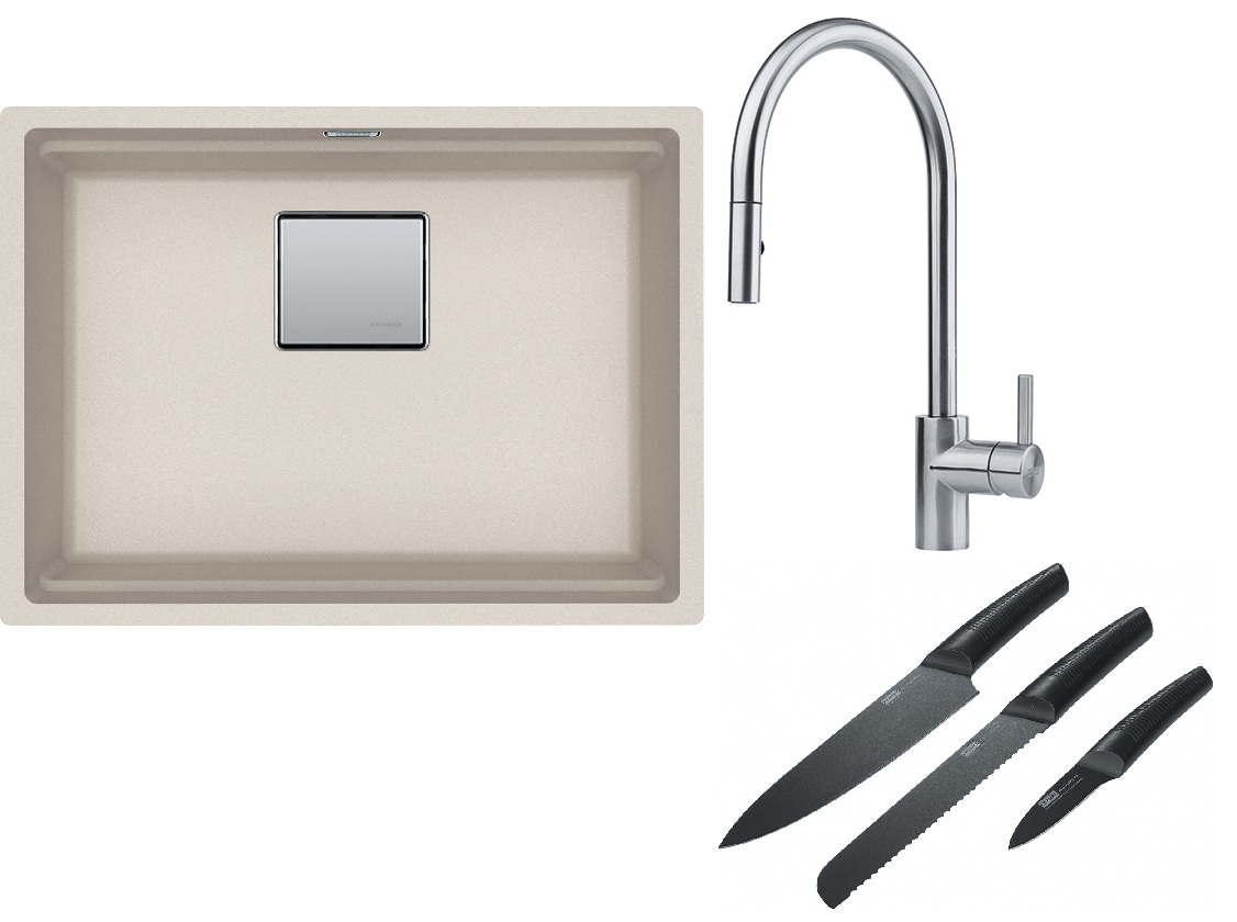 Franke Kanon KNG 110-52 zlewozmywak 52x42 cm Fragranite orzechowy z baterią kuchenną Eos Neo stal szlachetna i zestawem noży kuchennych ... - Wysyłka 