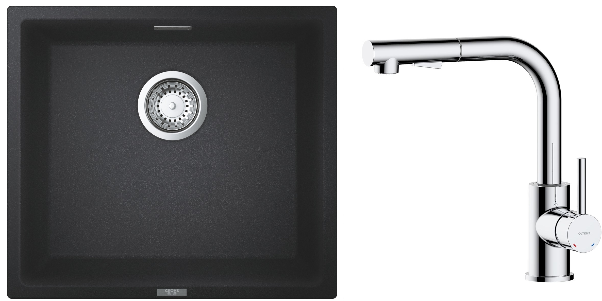 Zestaw Grohe K700 zlewozmywak granitowy 45,7x40,6 cm z baterią kuchenną Oltens Myvat czarny granit/chrom (35205100, 31653AP0) - Wysyłka w 24h