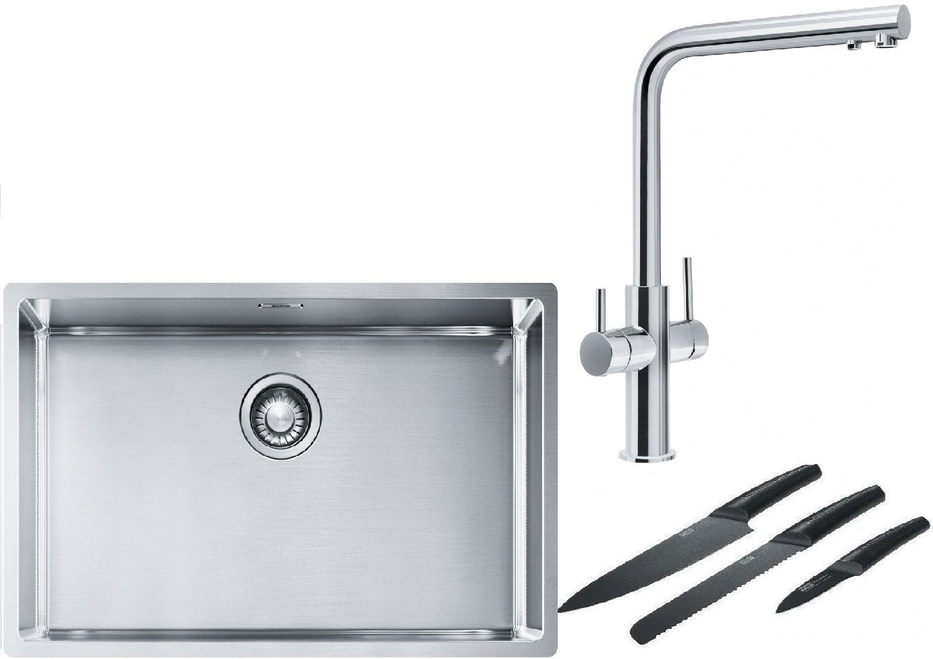 Franke Box BXX 210/110-68 zlewozmywak 72,5x45 cm stalowy z baterią kuchenną Neptune Clear Water chrom i zestawem noży kuchennych ...