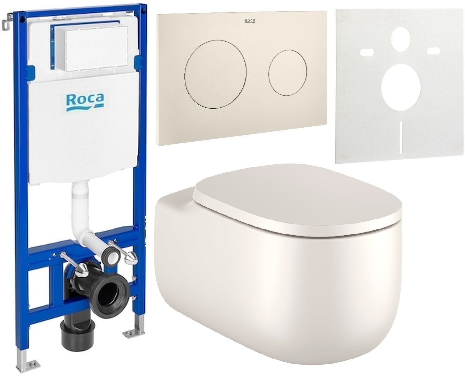 Zestaw Roca Beyond miska WC wisząca Rimless z deską sedesową wolnoopadającą i stelaż podtynkowy Duplo One z przyciskiem spłukującym ...