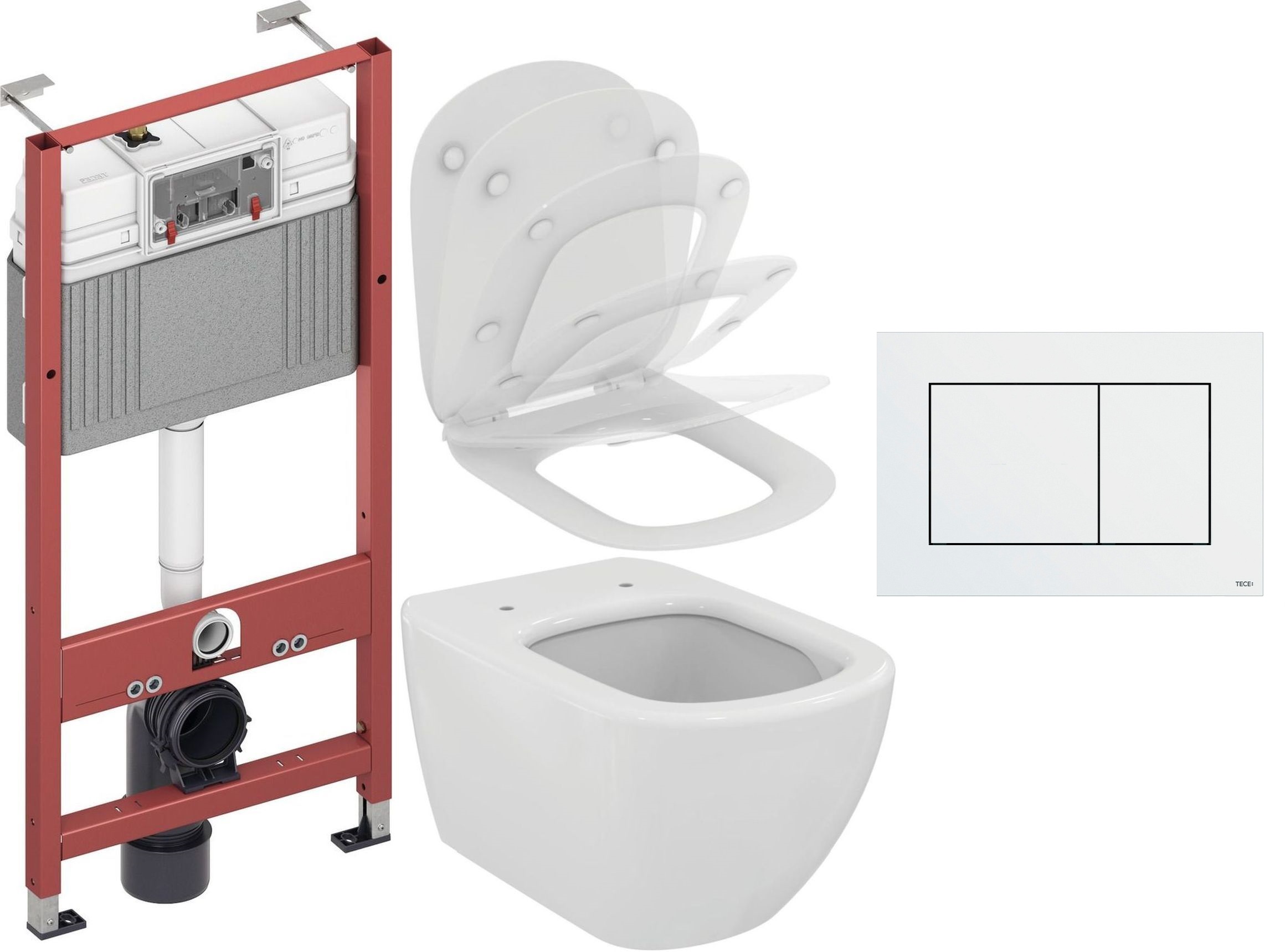 Zestaw Ideal Standard Tesi miska WC z deską wolnoopadającą i stelaż podtynkowy Tece Base z przyciskiem spłukującym Now białym ...
