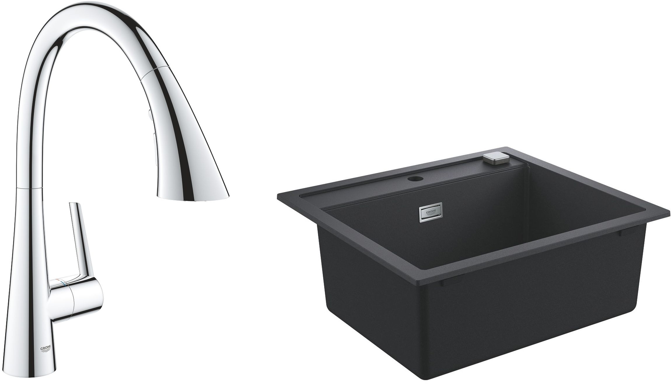 Zestaw Grohe K700 zlewozmywak 56x51 cm czarny granit z baterią kuchenną Zedra chrom (31651AP0, 32294002) - Wysyłka w 24h