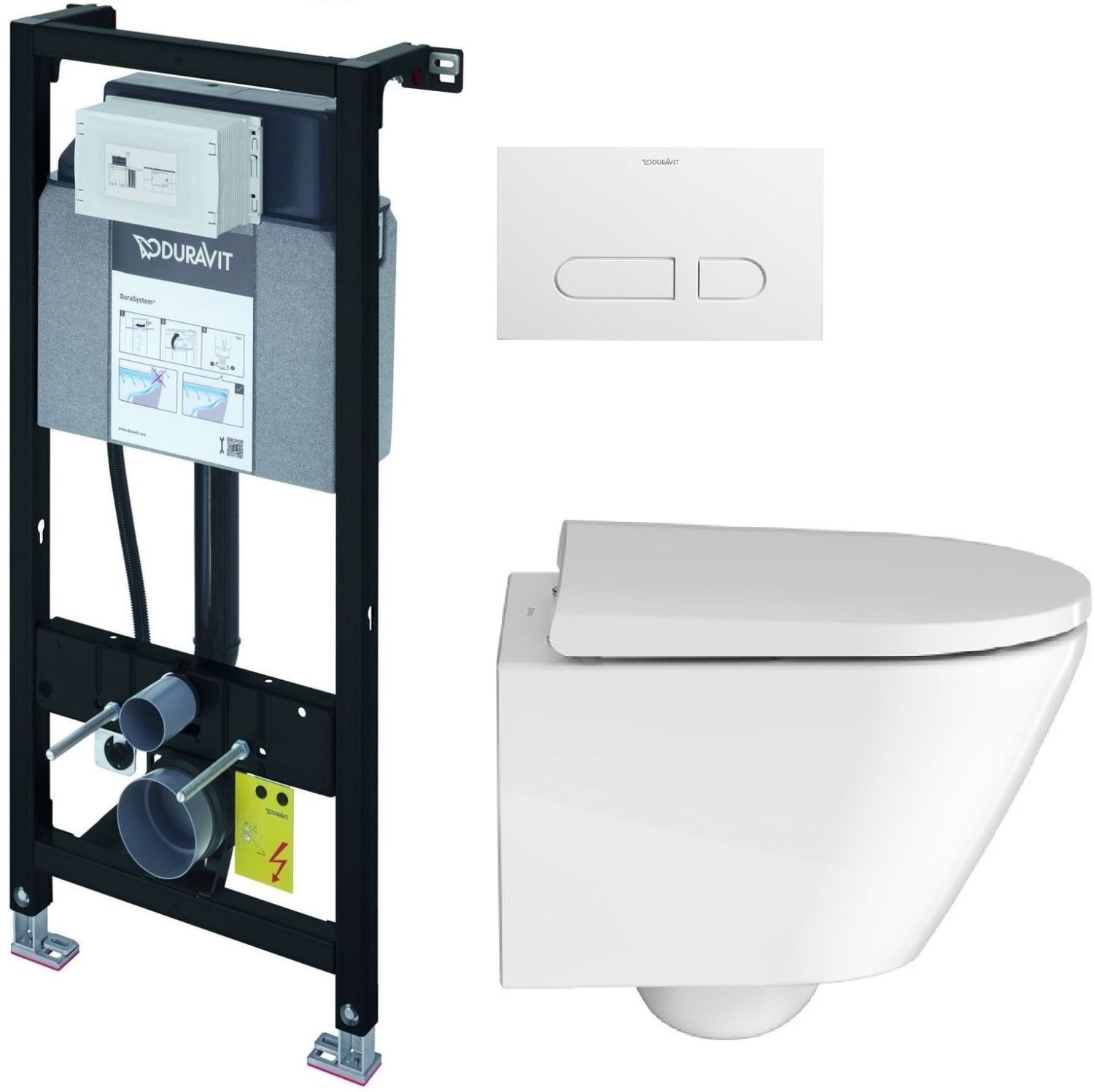 Zestaw Duravit DuraSystem stelaż podtynkowy z przyciskiem spłukującym białym i miską WC Rimless D-Neo Compact z deską ...