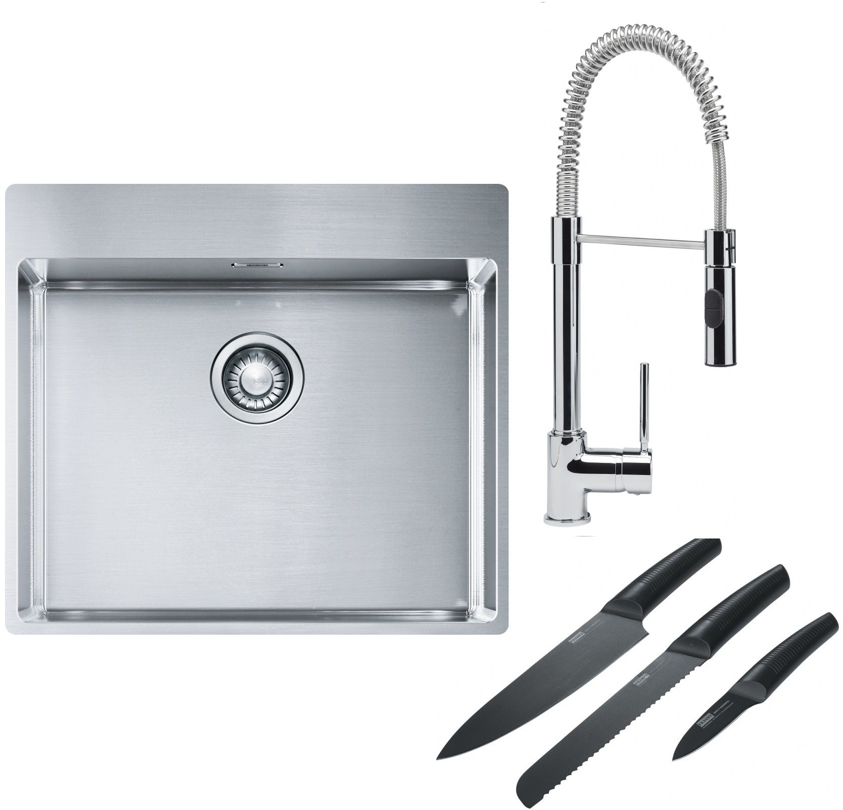 Franke Box BXX 210-54 TL zlewozmywak 57x51 cm stalowy z baterią kuchenną Coxy chrom i zestawem noży kuchennych (1270369295, 1150159732, ...