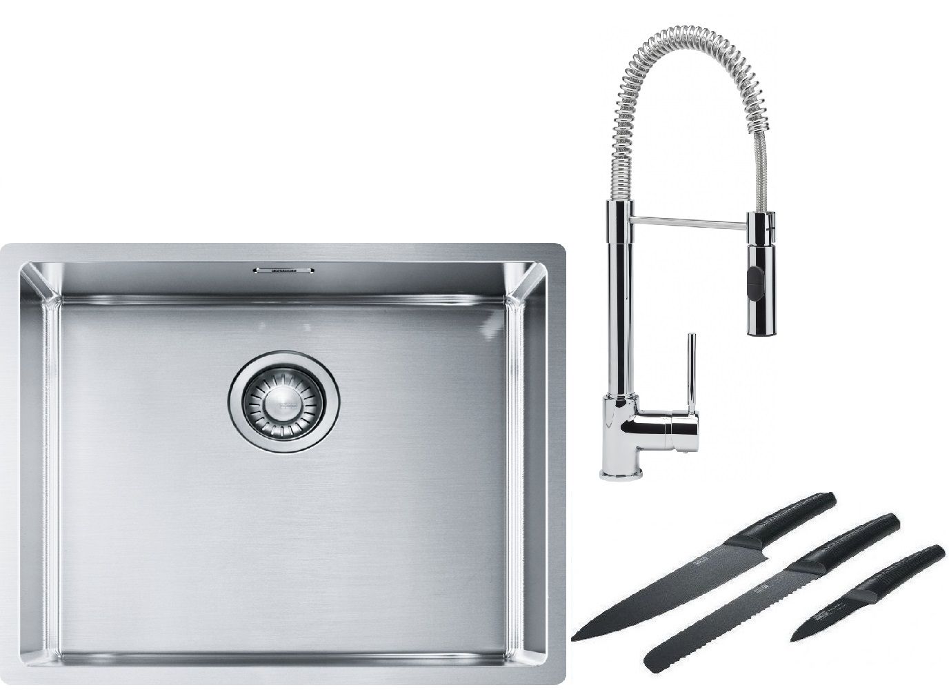 Franke Box BXX 110-50/BXX 210-50 zlewozmywak 54x45 cm stalowy z baterią kuchenną Coxy chrom i zestawem noży kuchennych (1270453656, ...