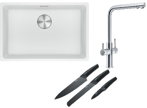 Franke Maris MRG 110-62 zlewozmywak 62x40 cm Fragranite biały polarny z baterią kuchenną Neptune Clear Water chrom i zestawem noży ...