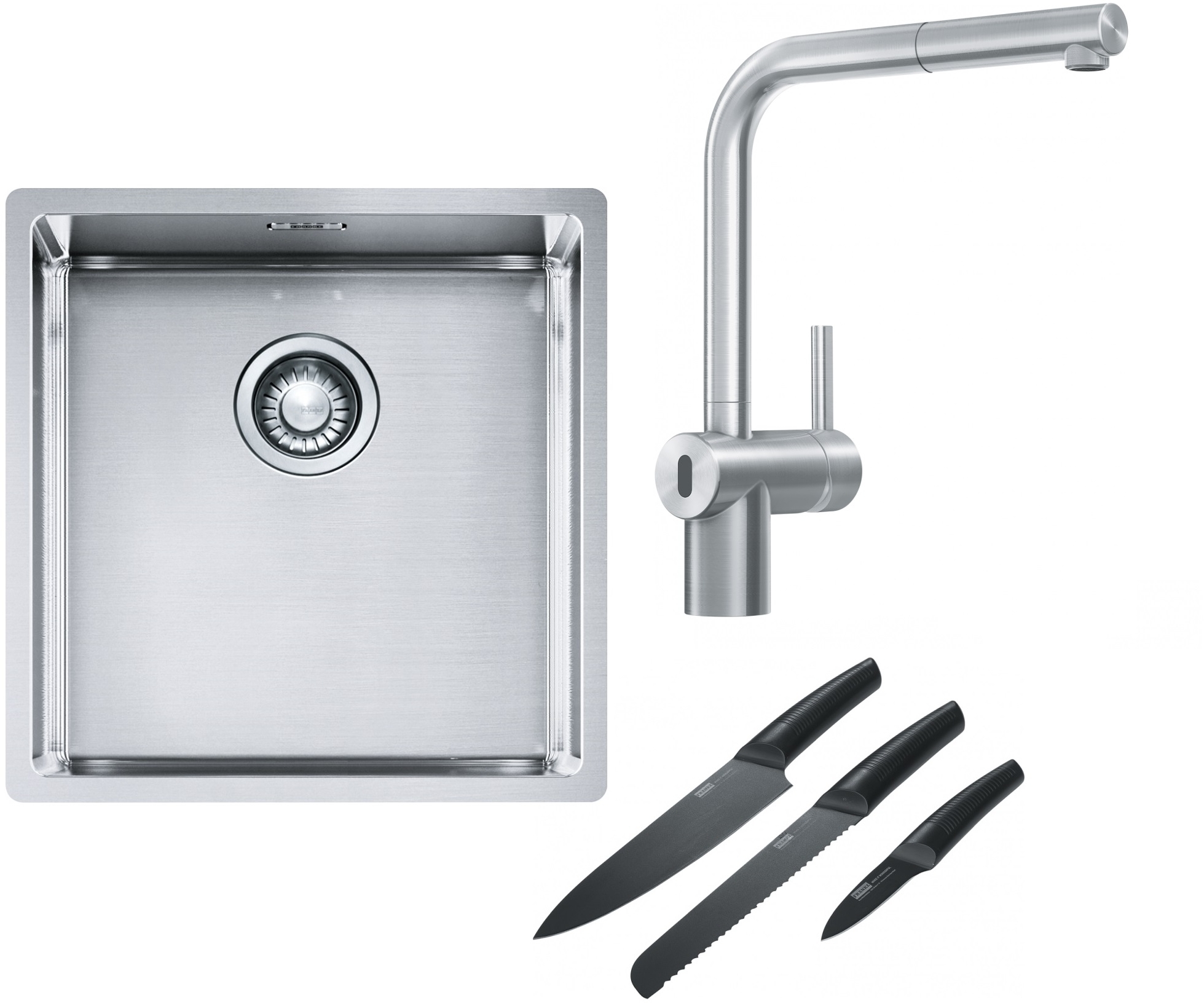 Franke Box BXX 210/110-40 zlewozmywak 45x44 cm stalowy z baterią kuchenną Atlas Neo Sensor stal szlachetna i zestawem noży kuchennych ...