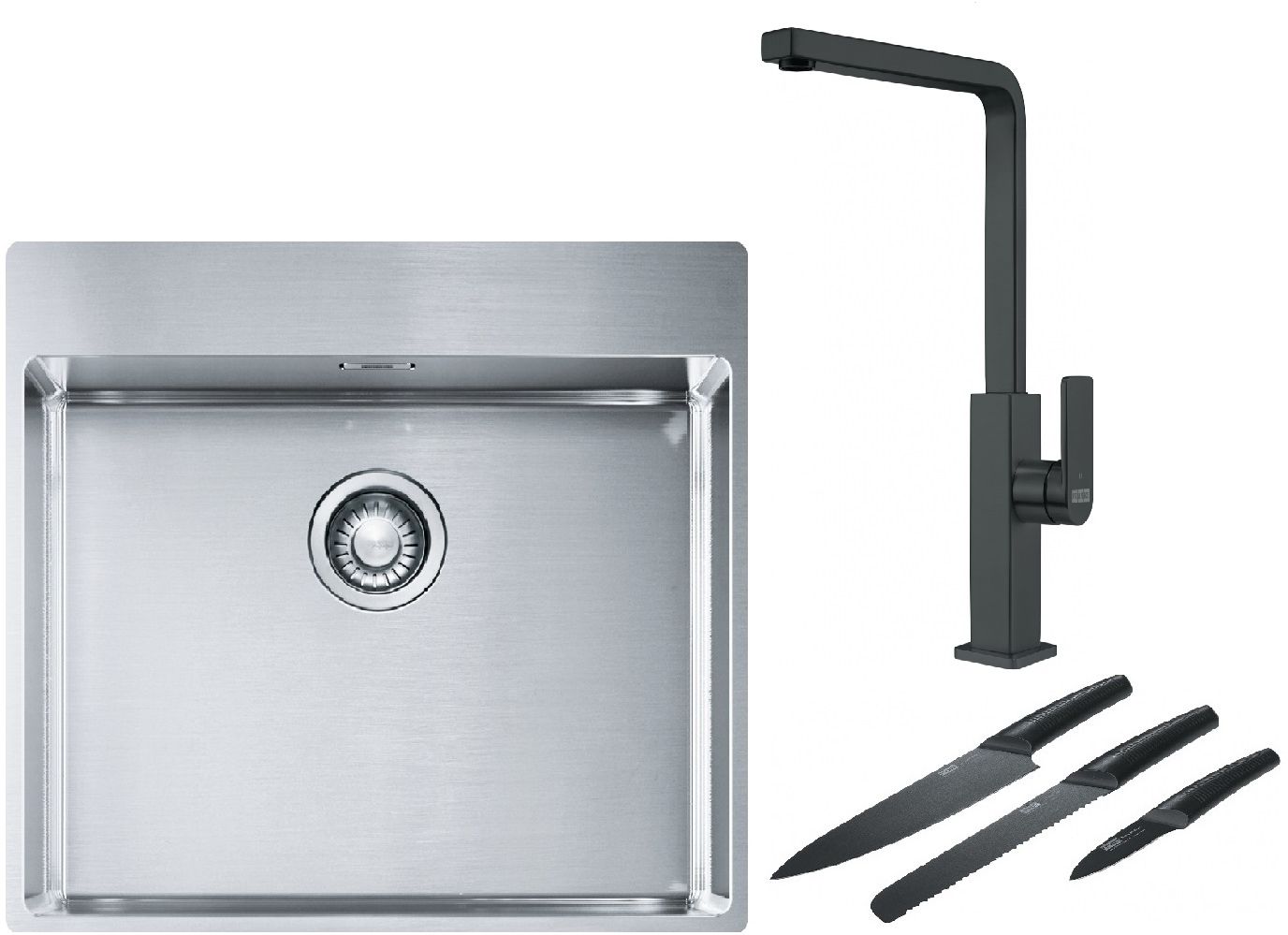 Franke Box BXX 210-54 TL zlewozmywak 57x51 cm stalowy z baterią kuchenną Mythos czarna stal szlachetna i zestawem noży kuchennych ...