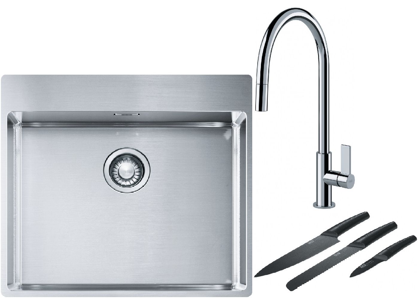 Franke Box BXX 210-54 TL zlewozmywak 57x51 cm stalowy z baterią kuchenną Ambient chrom i zestawem noży kuchennych (1270369295, ...
