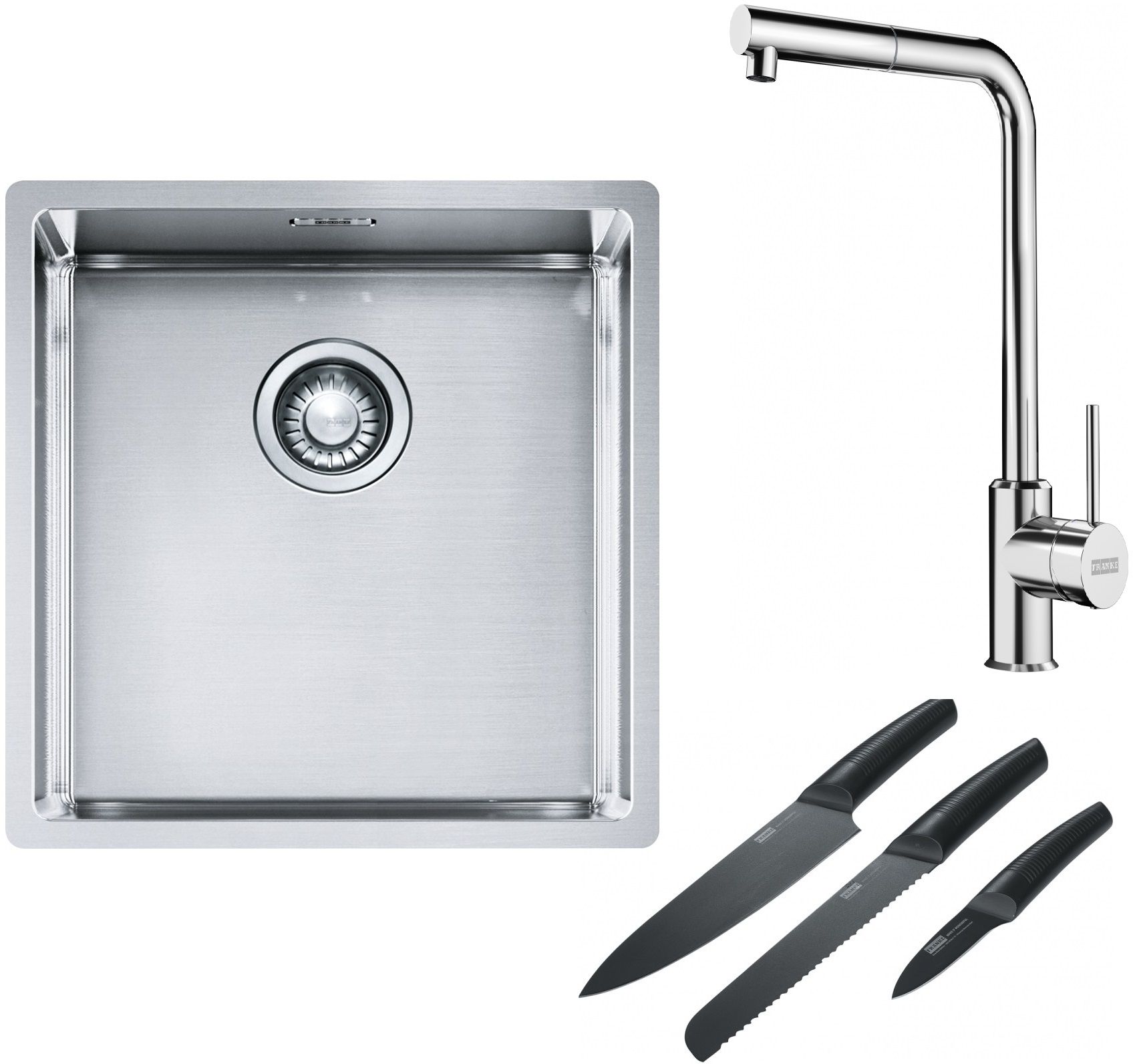 Franke Box BXX 210/110-40 zlewozmywak 45x44 cm stalowy z baterią kuchenną Sirius Side chrom i zestawem noży kuchennych (1270453654, ...