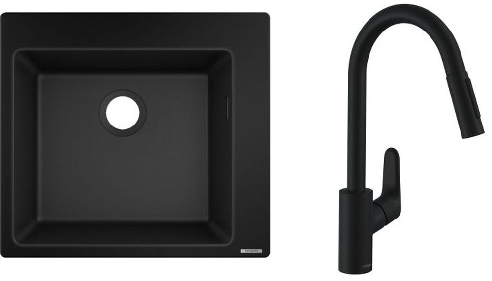 Zestaw Hansgrohe S510-F450 zlewozmywak granitowy czarny z baterią kuchenną Focus czarny mat (43312170, 31815670)