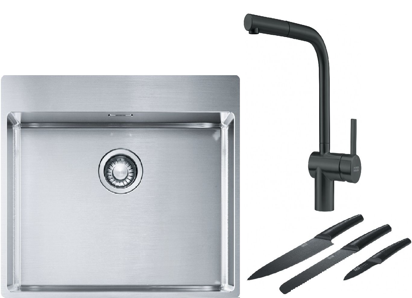 Franke Box BXX 210-54 TL zlewozmywak 57x51 cm stalowy z baterią kuchenną Atlas czarna stal szlachetna i zestawem noży kuchennych ... - Wysyłka w 24h