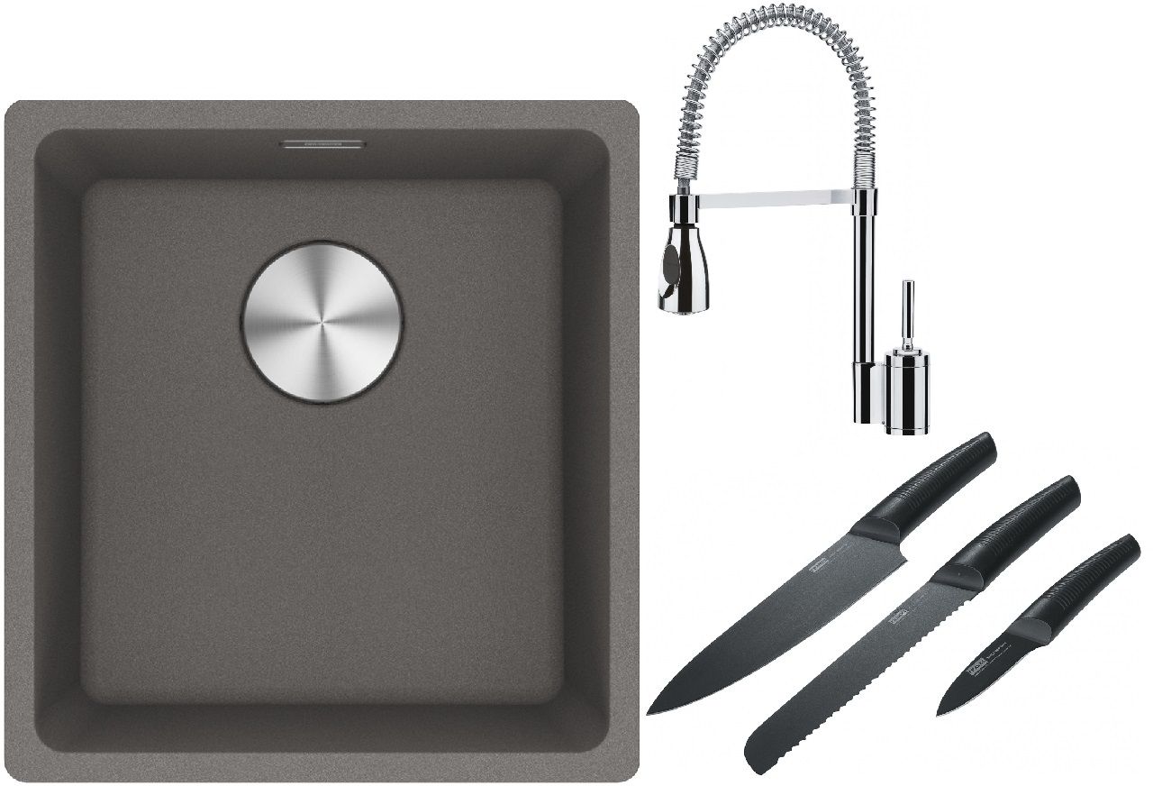 Franke Maris MRG 110-37 zlewozmywak 40x37 cm Fragranite kamienny szary z baterią kuchenną Sentinel chrom i zestawem noży kuchennych ...