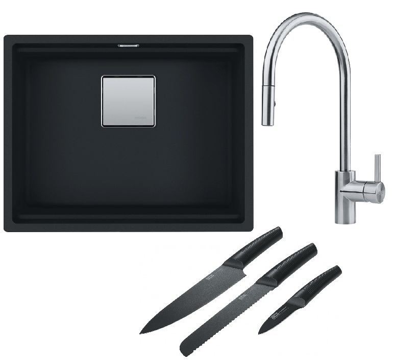 Franke Kanon KNG 110-52 zlewozmywak 52x42 cm Fragranite czarny mat z baterią kuchenną Eos Neo stal szlachetna i zestawem noży kuchennych ... - Wysyłka