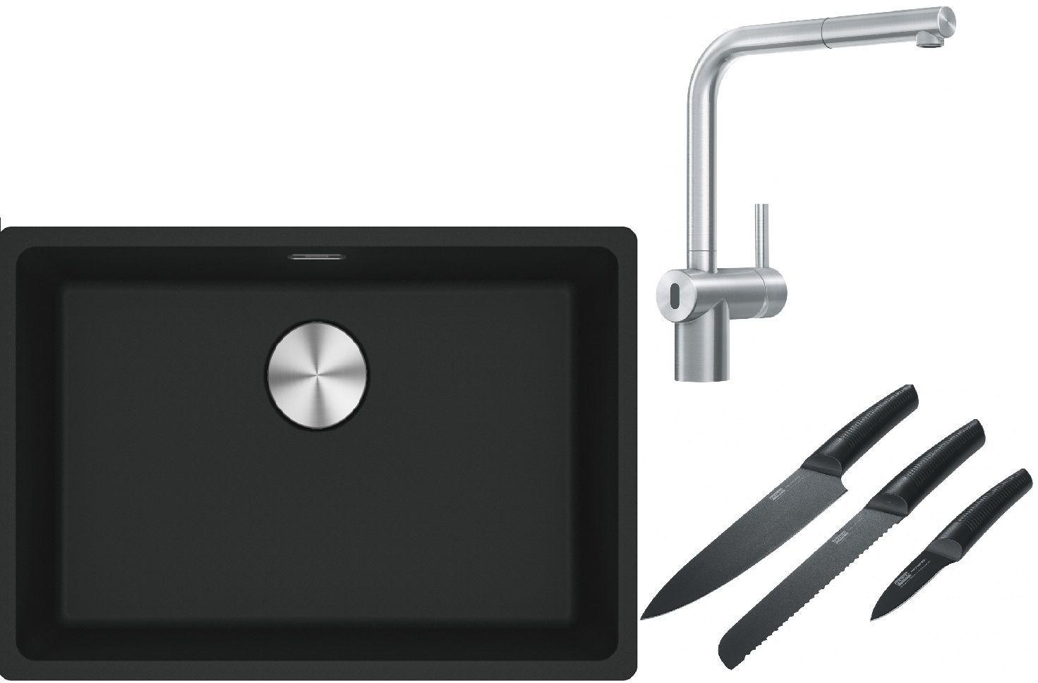 Franke Maris MRG 110-62 zlewozmywak 62x40 cm Fragranite czarny mat z baterią kuchenną Atlas Neo Sensor stal szlachetna i zestawem noży ...