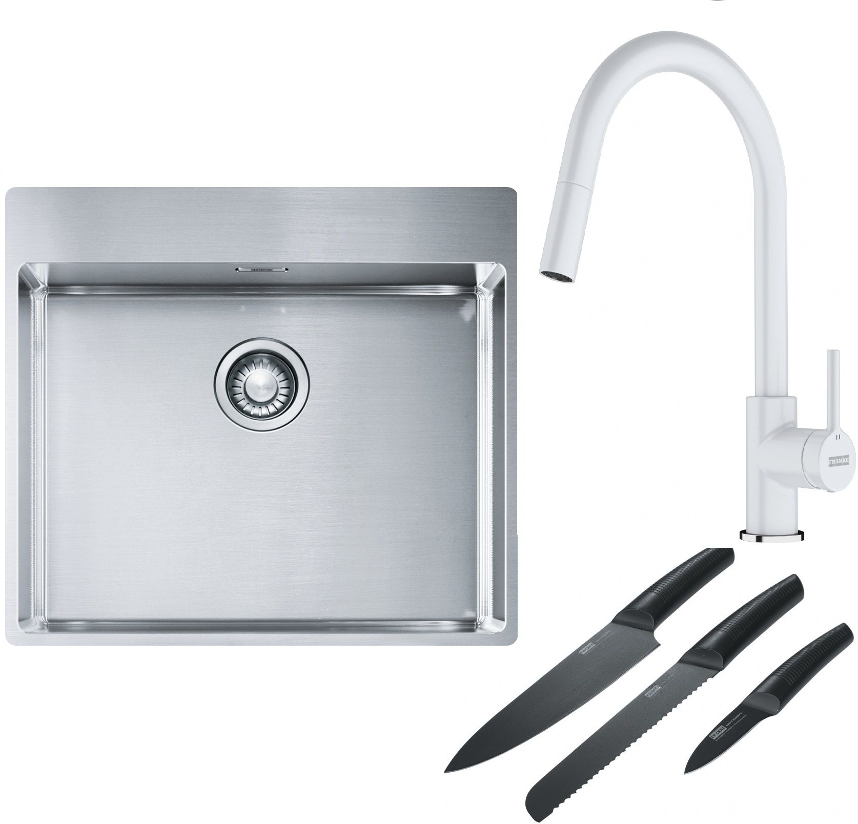 Franke Box BXX 210-54 TL zlewozmywak 57x51 cm stalowy z baterią kuchenną Lina biały polarny i zestawem noży kuchennych (1270369295, ...