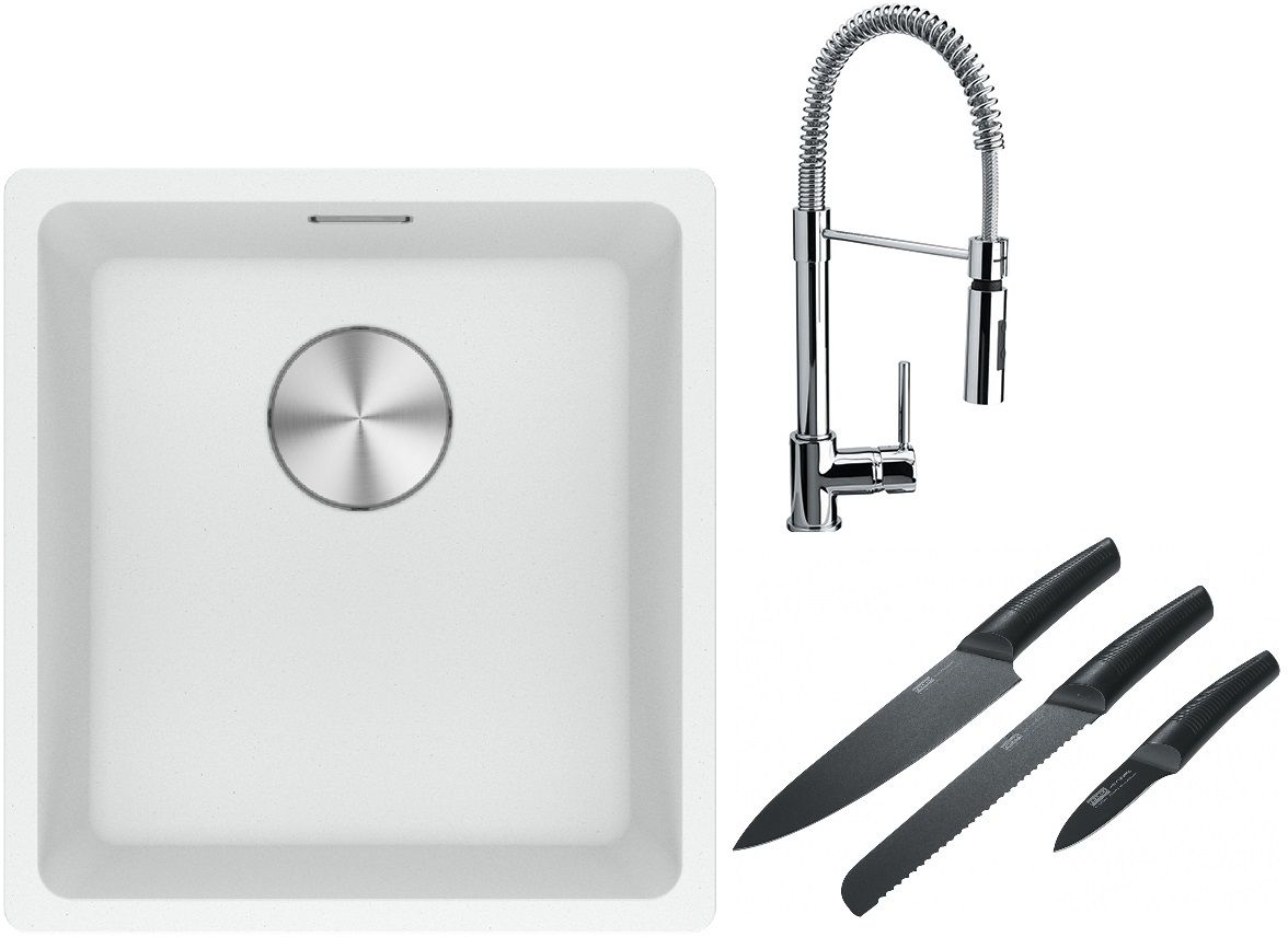 Franke Maris MRG 110-37 zlewozmywak 40x37 cm Fragranite biały polarny z baterią kuchenną Coxy chrom i zestawem noży kuchennych ...