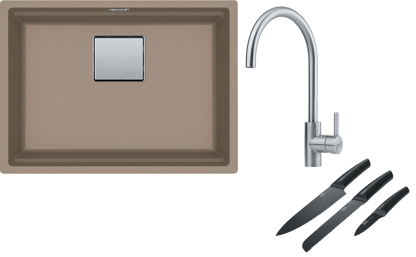 Franke Kanon KNG 110-52 zlewozmywak 52x42 cm Fragranite cappuccino z baterią kuchenną Eos Neo stal szlachetna i zestawem noży kuchennych ...
